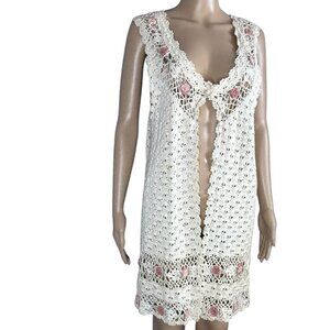 Shenanigans Cardigan Vest Sz S Sleeveless Lace Crochet Embroidered Floral